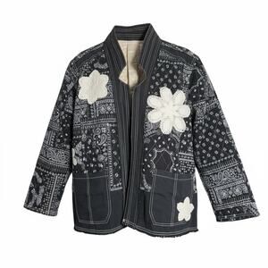 POL Oversized Quilted and Lace Denim Jacket Spring Chore Cottage Coat Women’s Sm